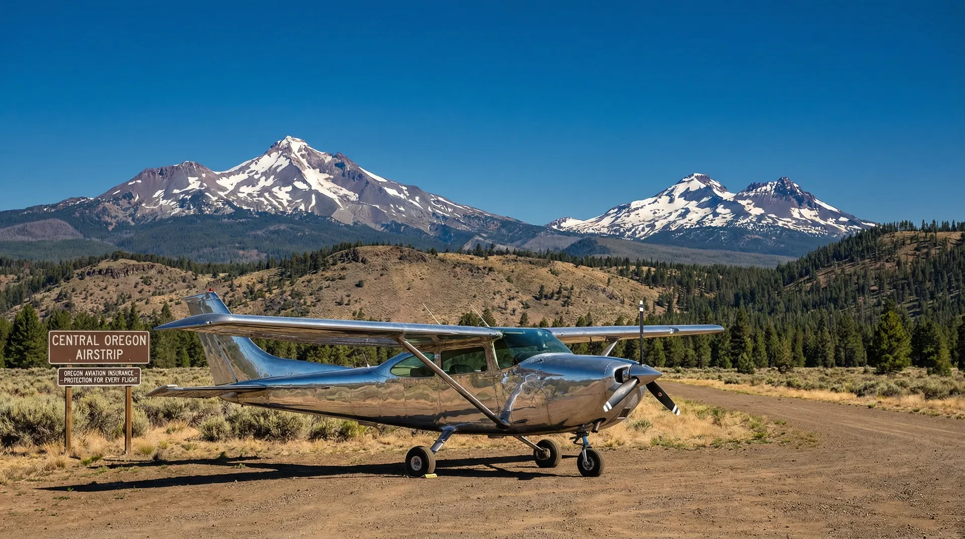 Small private aircraft on a Oregon Coast airstrip with snow-capped Cascade Mountains in the background