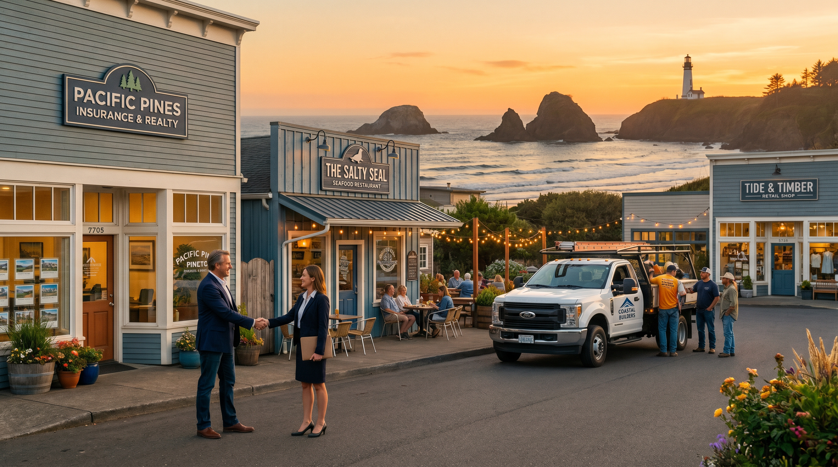 Oregon Coast business district at golden hour — commercial insurance from Gerald Ross Agency