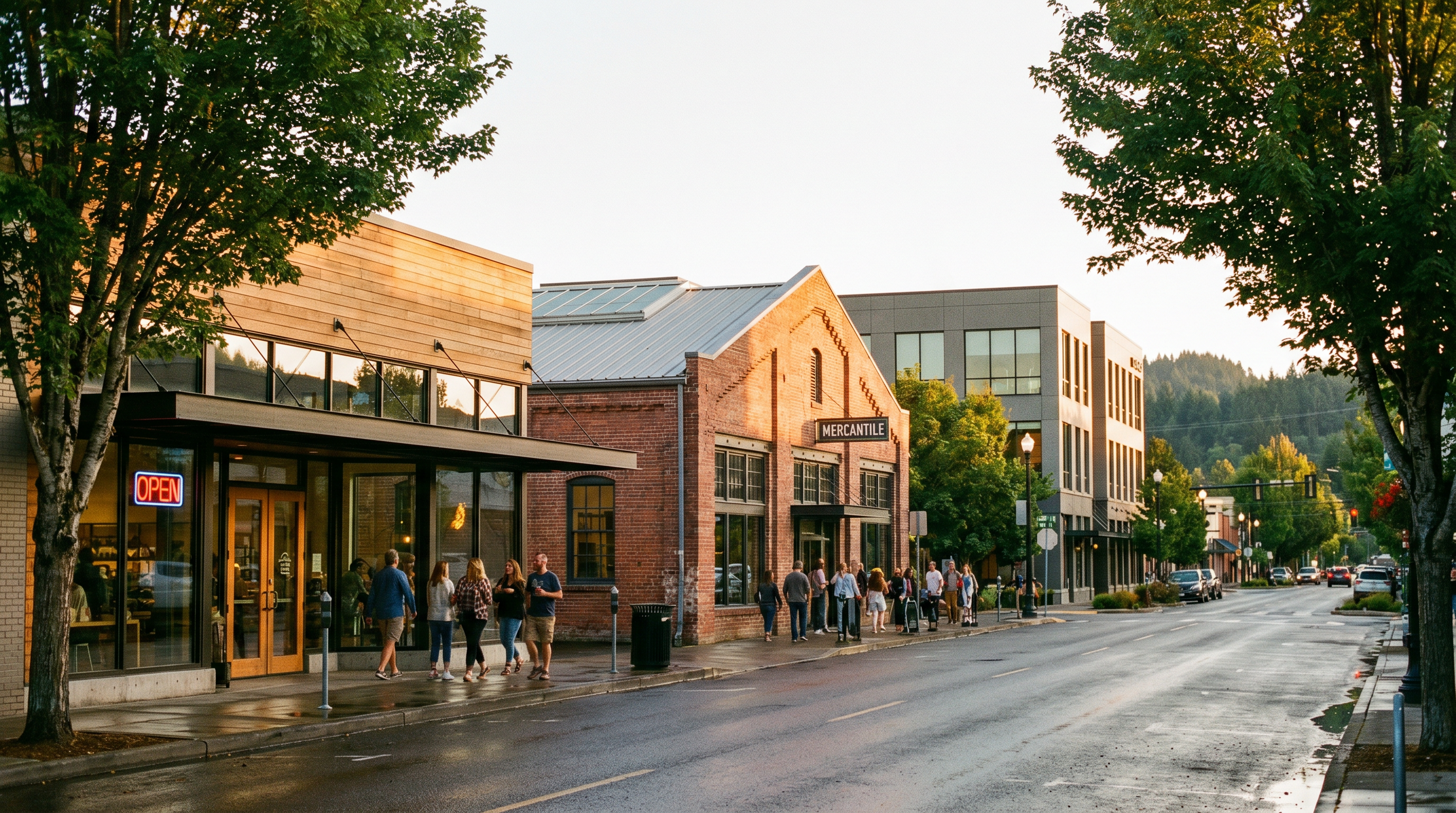 Oregon small business district at golden hour — commercial property insurance guide for Oregon business owners