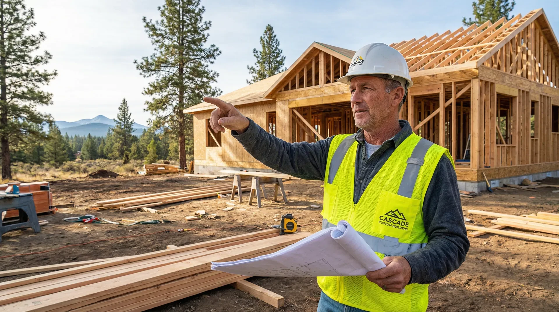 Oregon general contractor on a construction job site wearing a hard hat