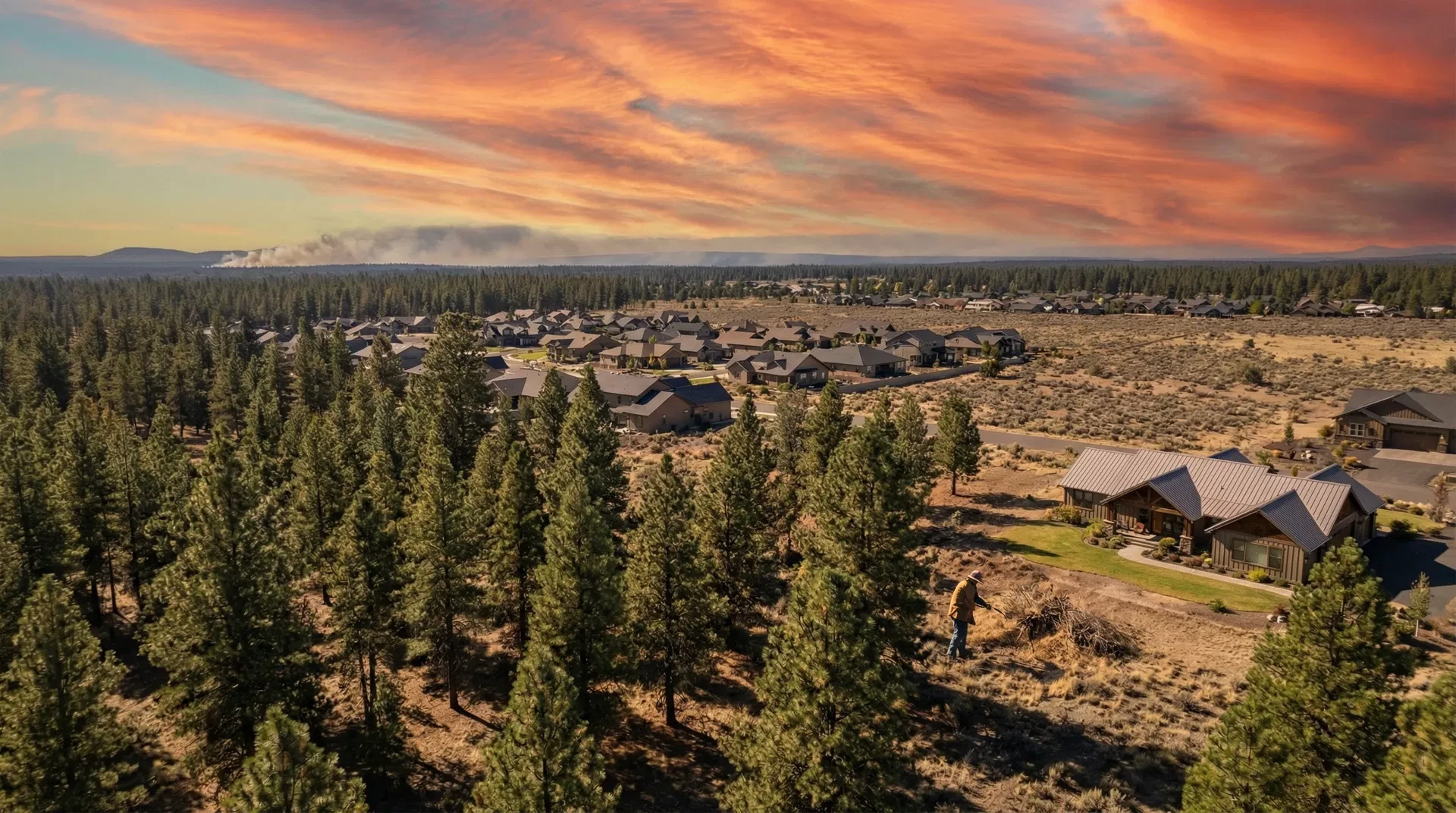 Aerial view of Bend Oregon wildland-urban interface with wildfire smoke on the horizon