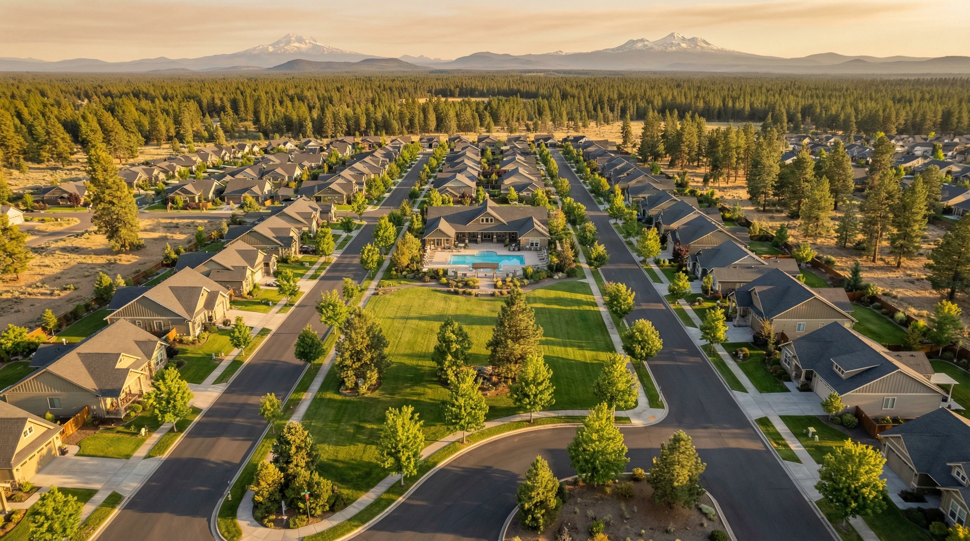 Aerial view of a Oregon Coast planned community neighborhood with the Three Sisters mountains in the background