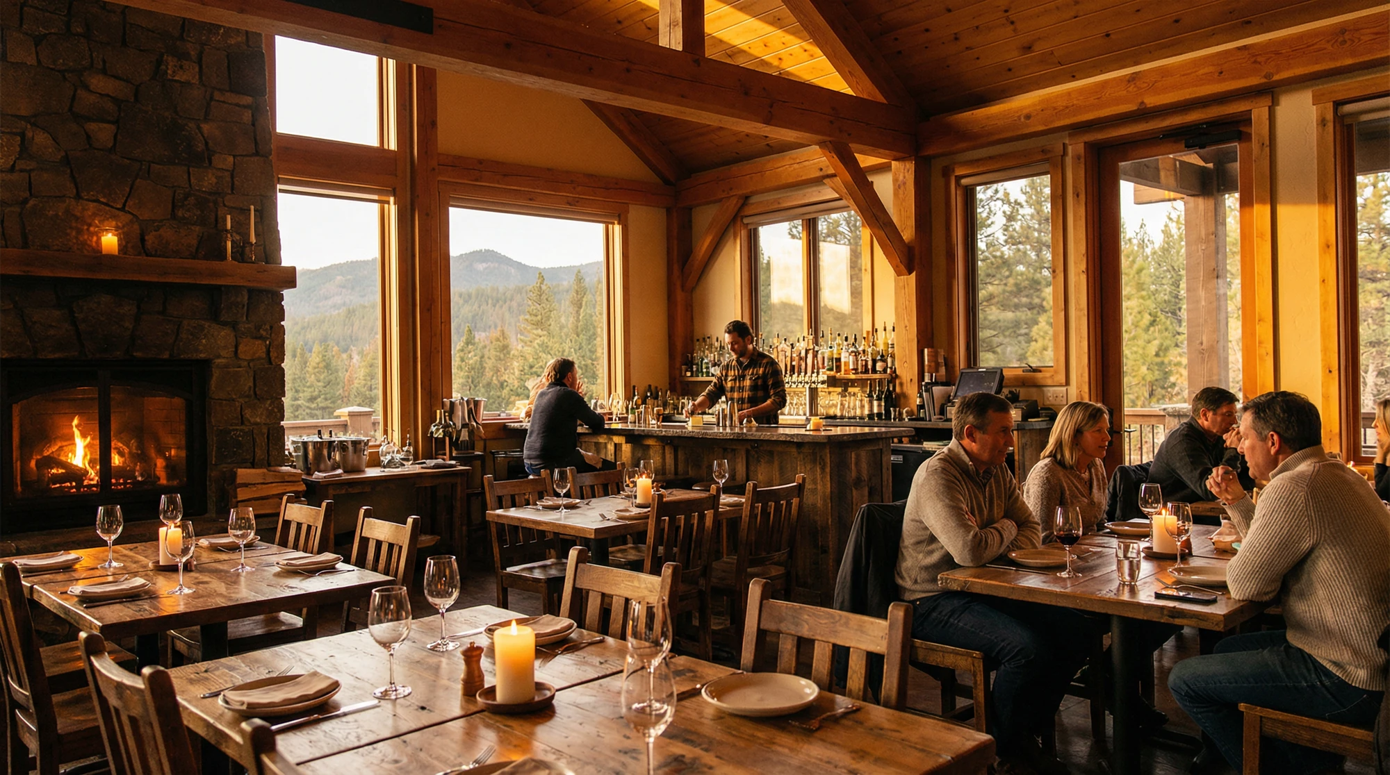 Warm Oregon Coast restaurant interior with stone fireplace, wood tables, and mountain view