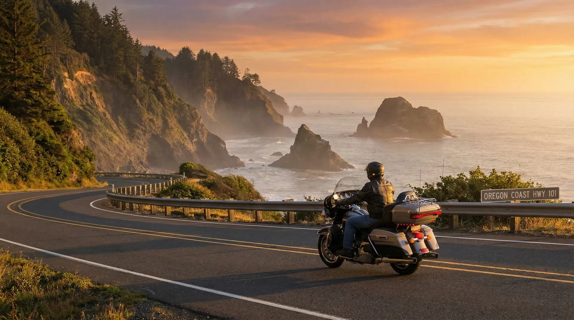 Motorcycle rider on scenic Oregon Coast Highway 101
