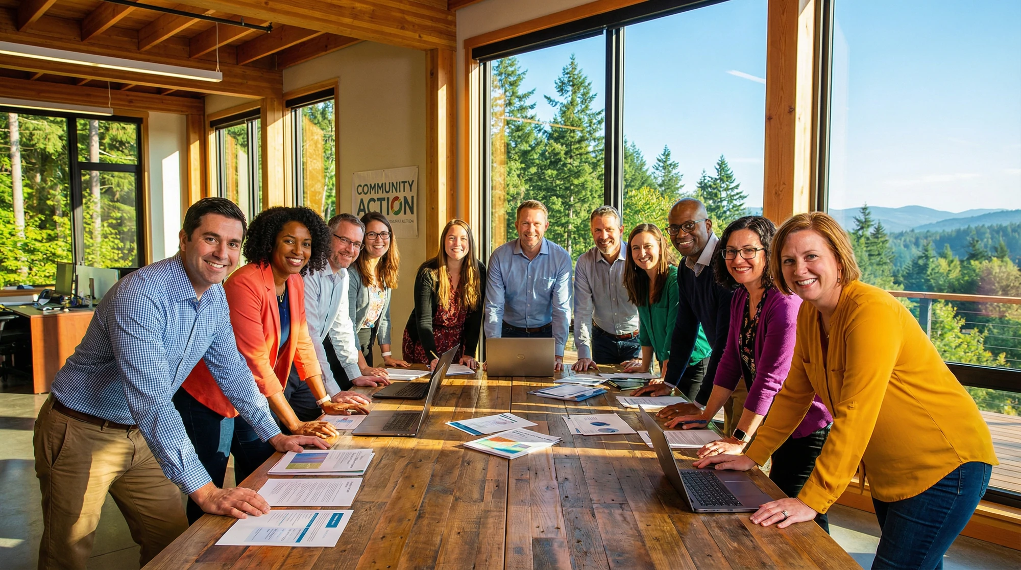 Nonprofit board members and volunteers meeting in a Oregon Coast office