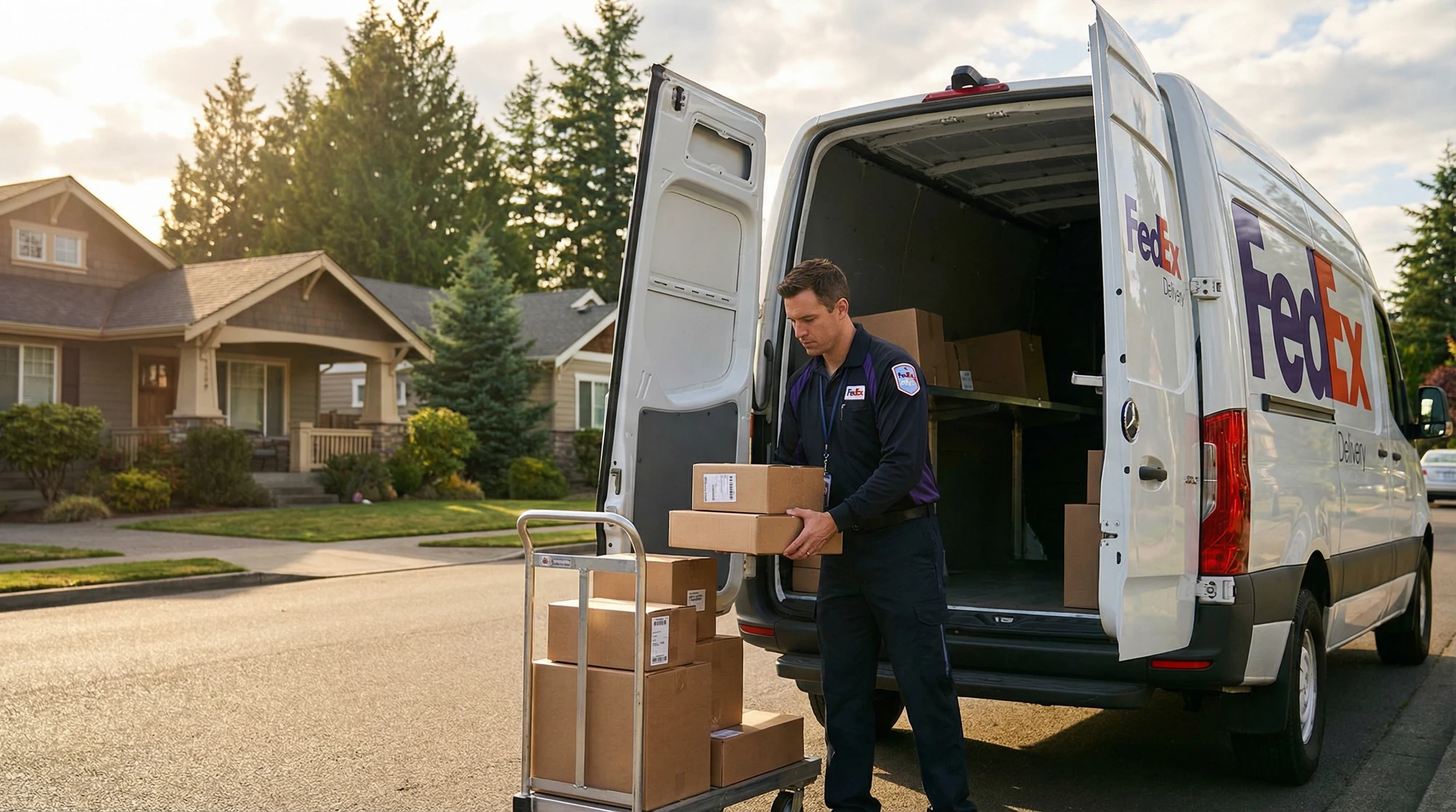 FedEx delivery driver loading packages in Oregon