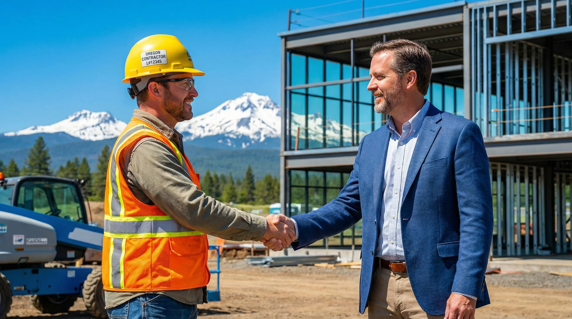 Oregon contractor in hard hat shaking hands with business owner at Oregon Coast construction site with Cascade Mountains in background