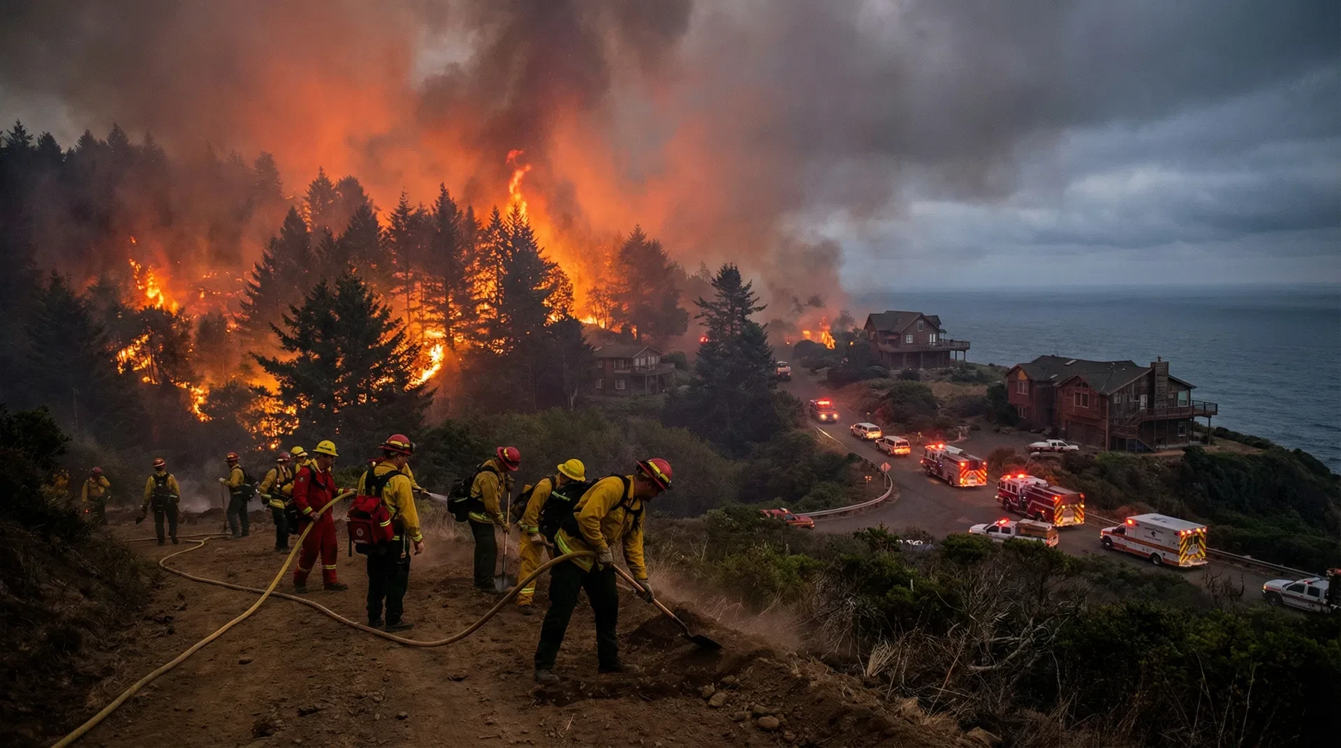 Wildfire smoke over Oregon Coast forest and residential area