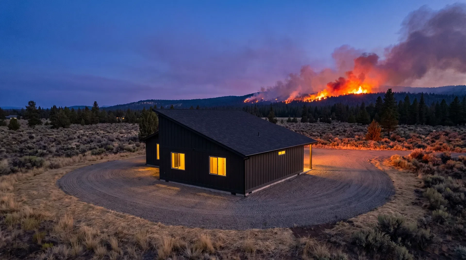 Central Oregon home with wildfire on ridgeline at dusk — R327 wildfire building code