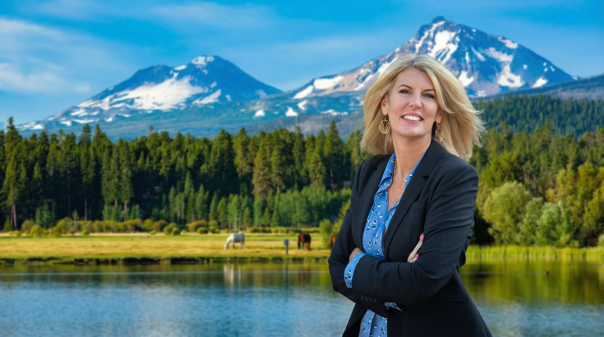 Monica Elsom, Owner of Gerald Ross Agency, with the Three Sisters mountains