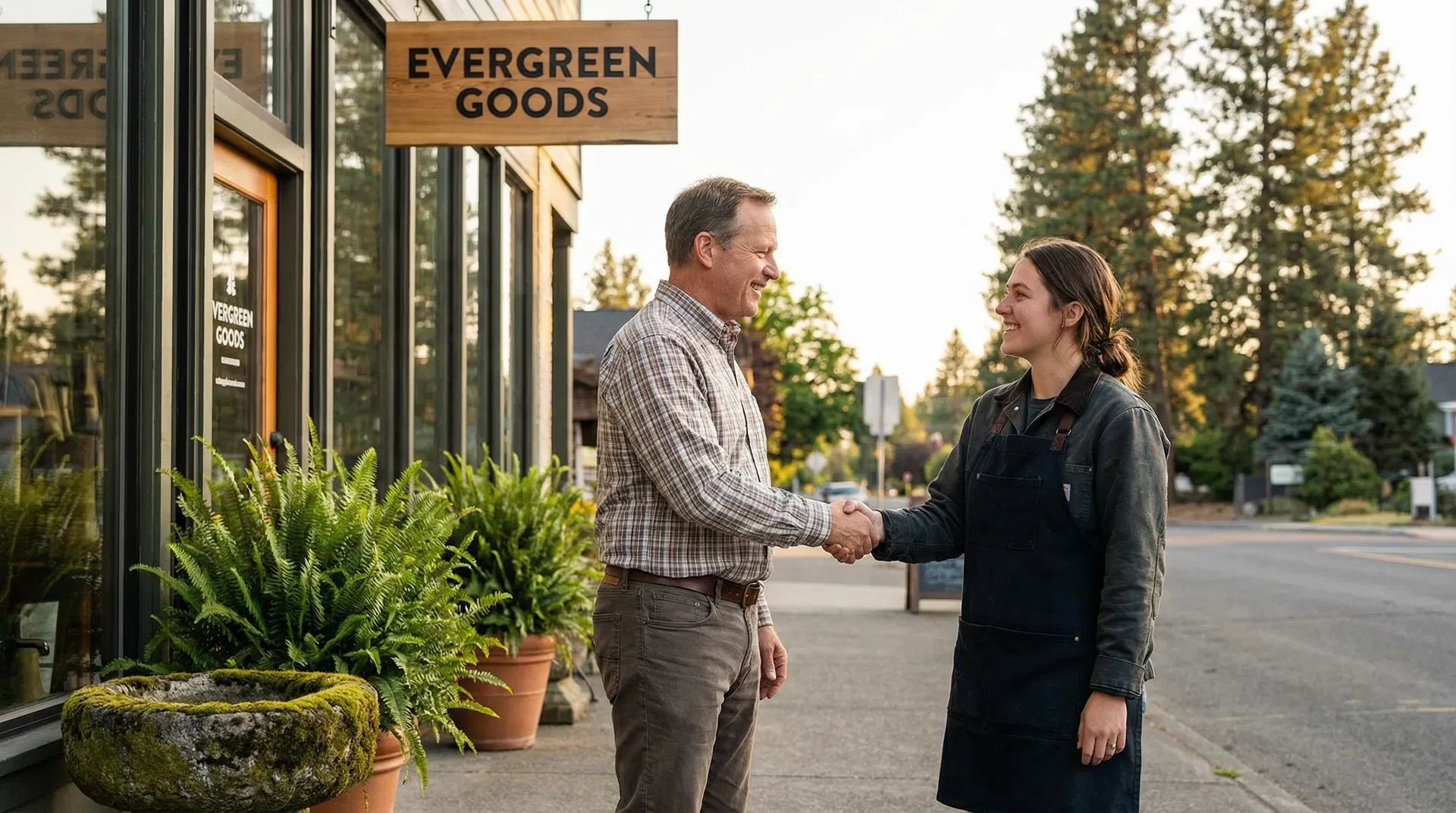 Insurance agent shaking hands with small business owner outside Oregon storefront