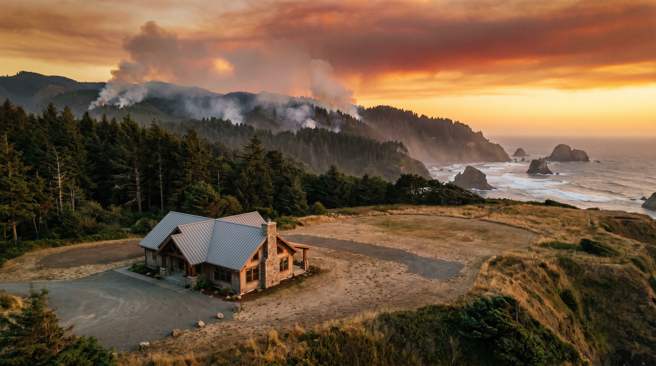 Oregon Coast wildfire insurance — coastal home with defensible space and wildfire smoke on the horizon