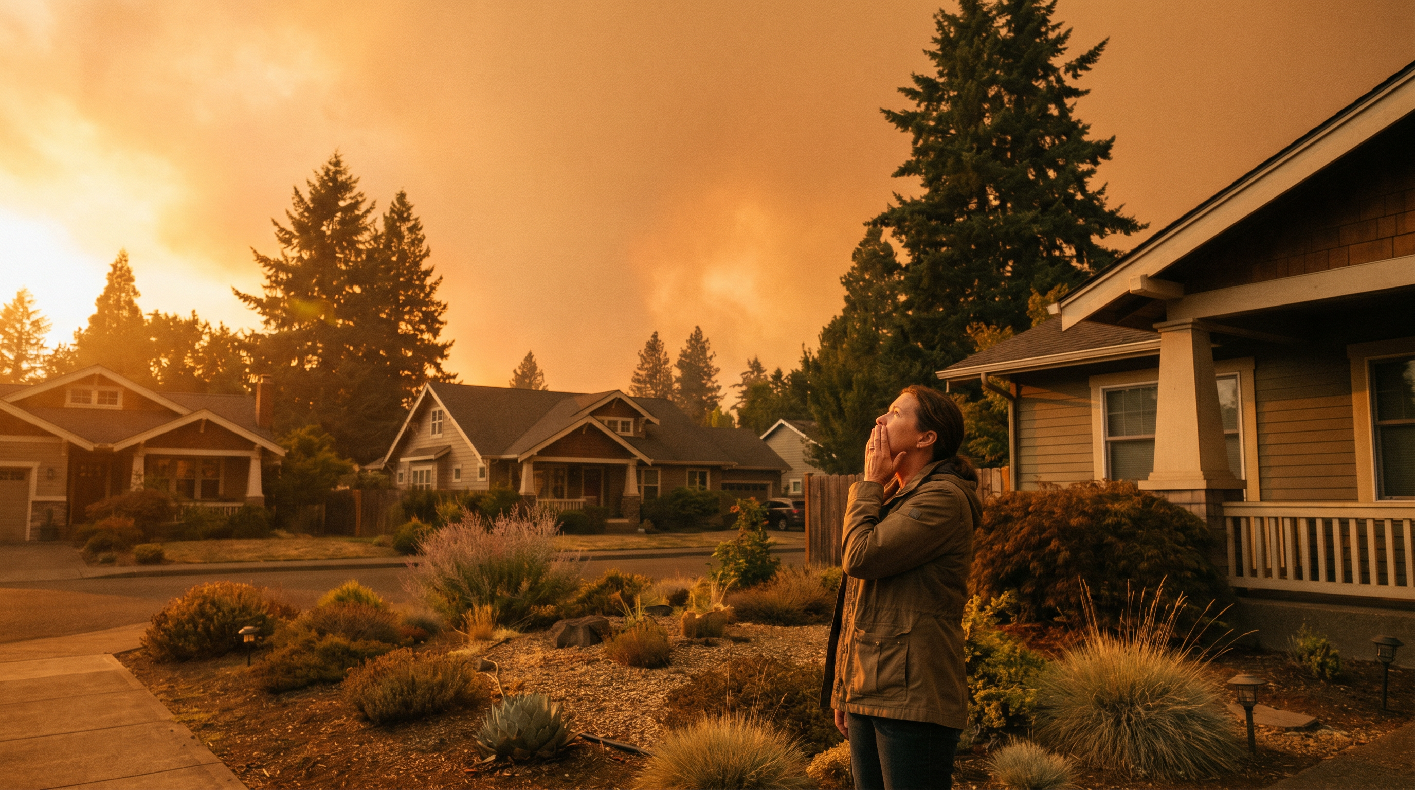 Oregon homeowner looking at wildfire smoke sky — Gerald Ross Agency wildfire insurance guide